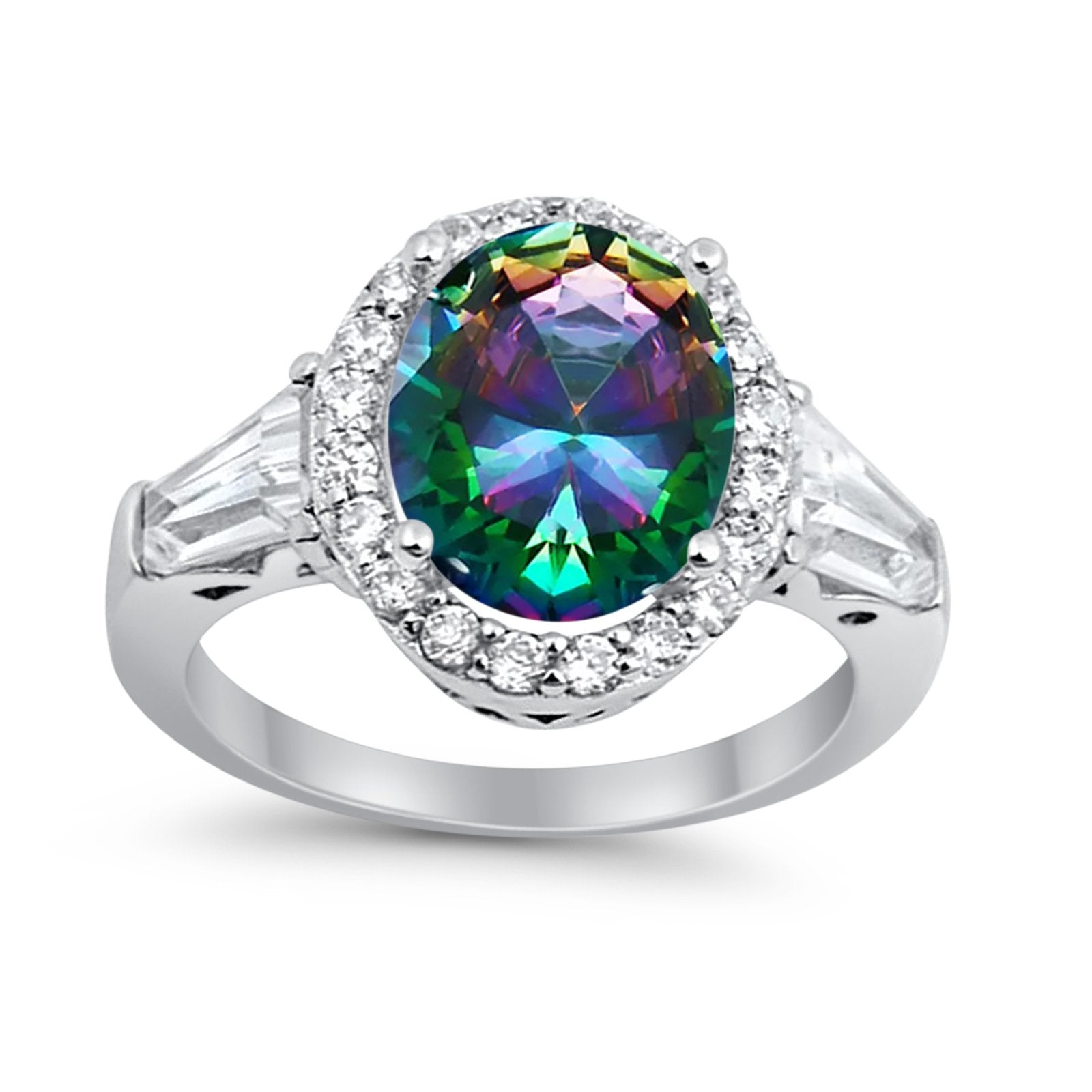 Halo Fashion Ring Round Baguette Simulated CZ 925 Sterling Silver