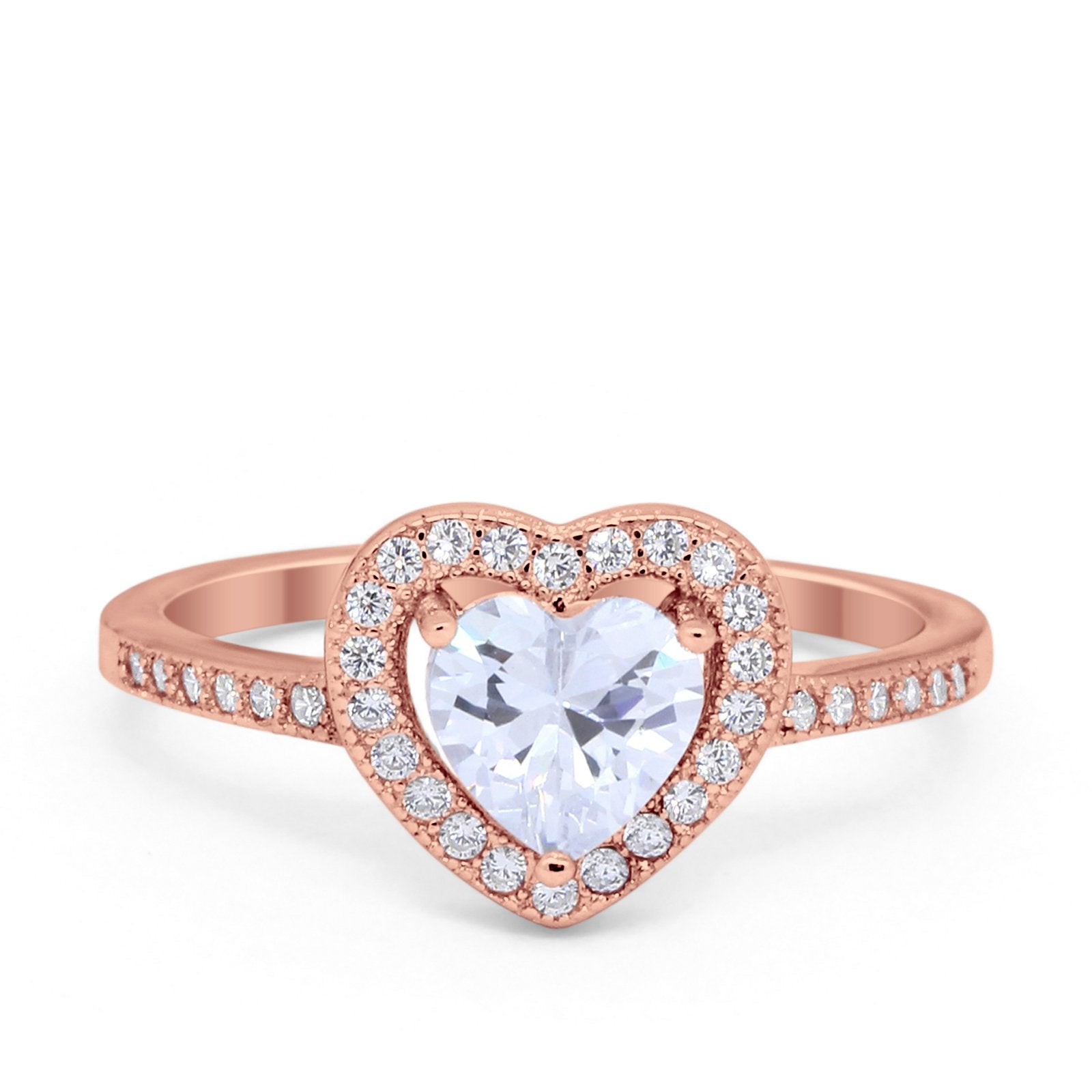 Halo Dazzling Heart Promise Ring Round Simulated CZ 925 Sterling Silver