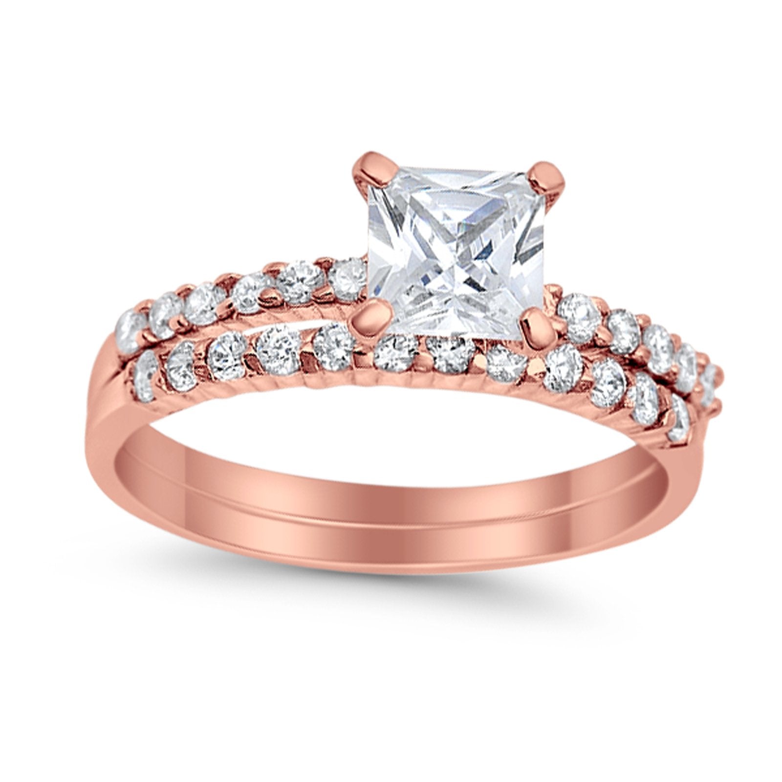 Bridal Set Princess Cut Simulated Cubic Zirconia 925 Sterling Silver Engagement Ring