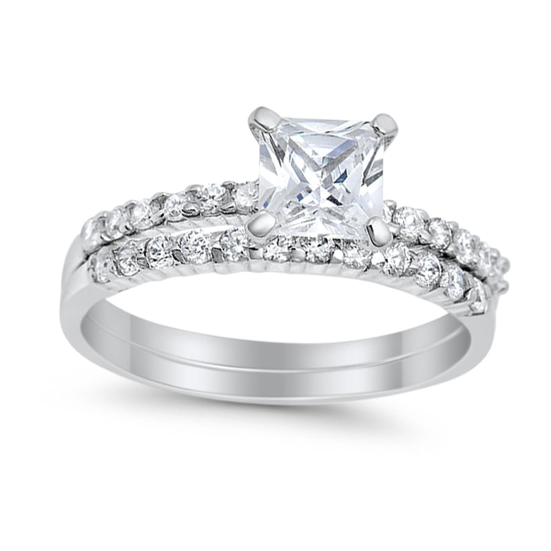 Bridal Set Princess Cut Simulated Cubic Zirconia 925 Sterling Silver Engagement Ring