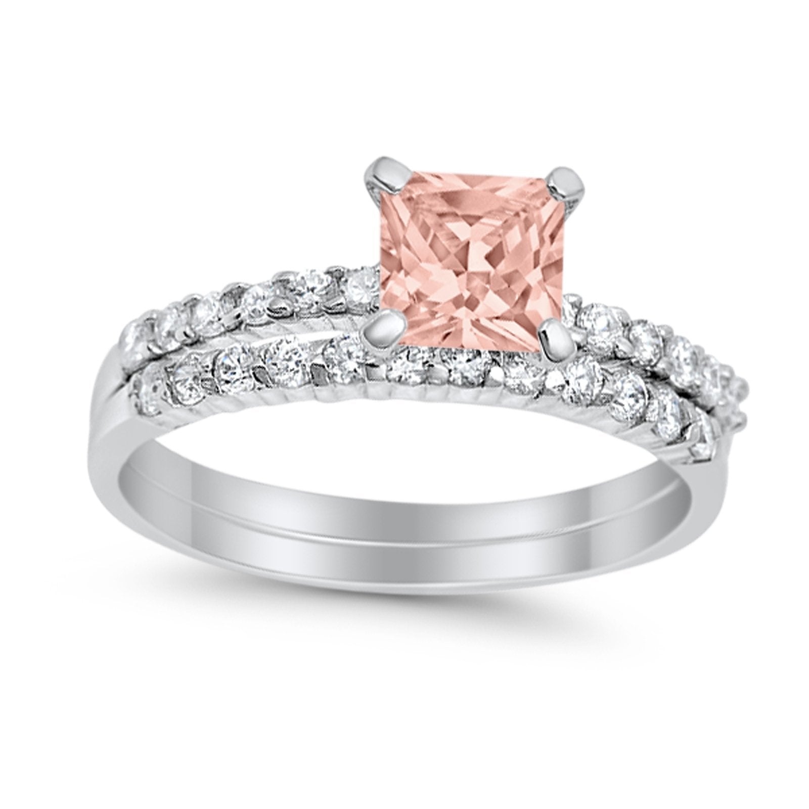 Bridal Set Princess Cut Simulated Cubic Zirconia 925 Sterling Silver Engagement Ring