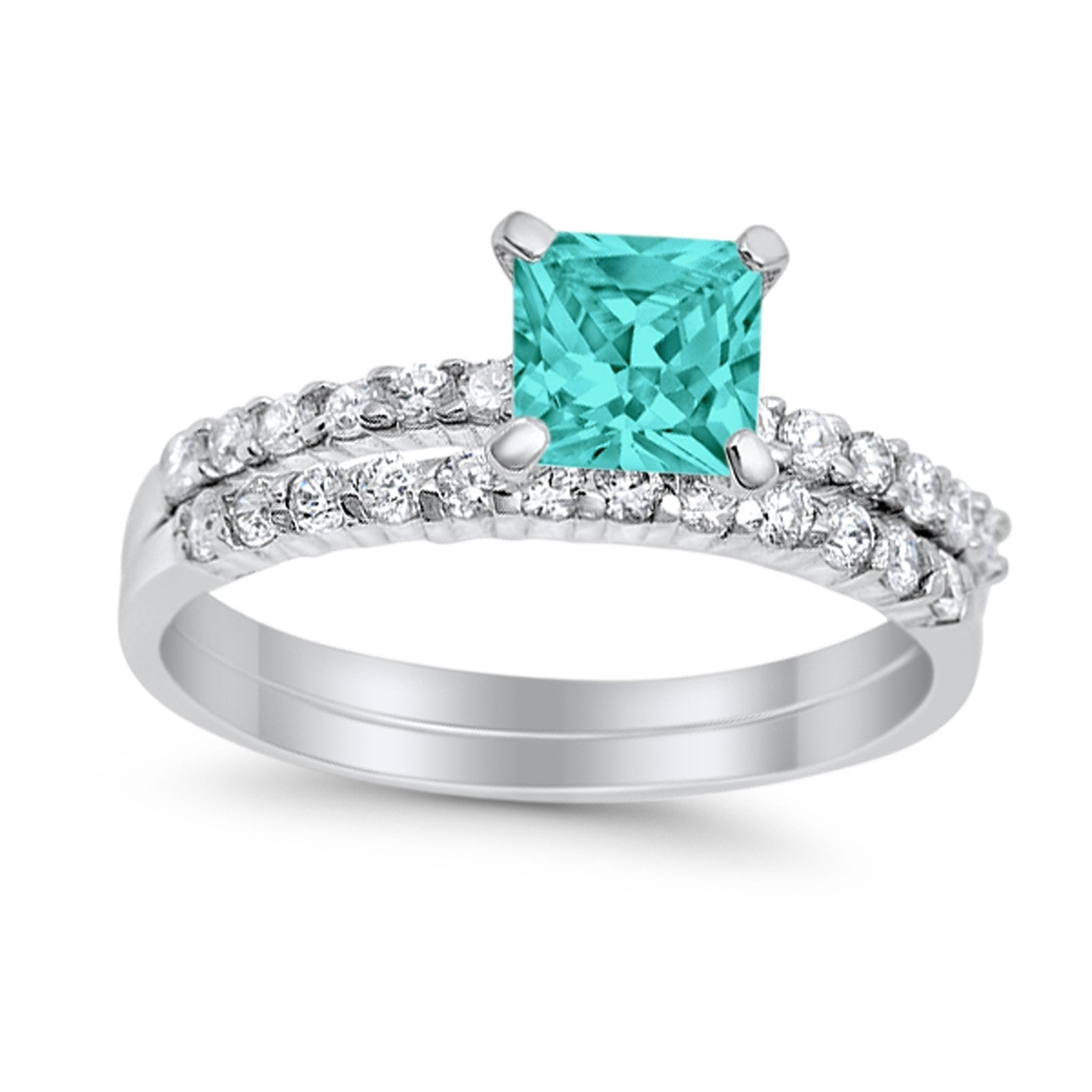Bridal Set Princess Cut Simulated Cubic Zirconia 925 Sterling Silver Engagement Ring