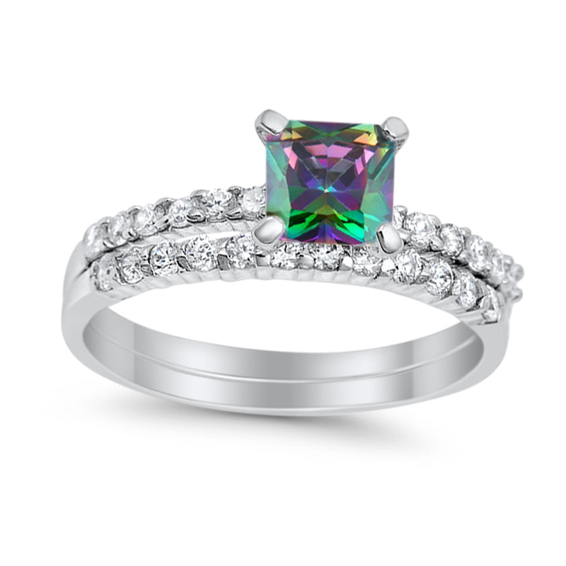 Bridal Set Princess Cut Simulated Cubic Zirconia 925 Sterling Silver Engagement Ring