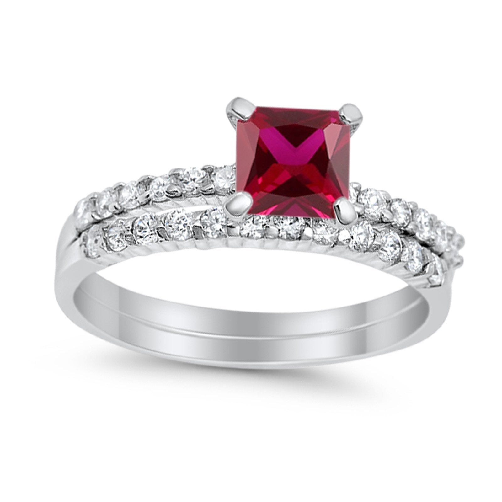 Bridal Set Princess Cut Simulated Cubic Zirconia 925 Sterling Silver Engagement Ring