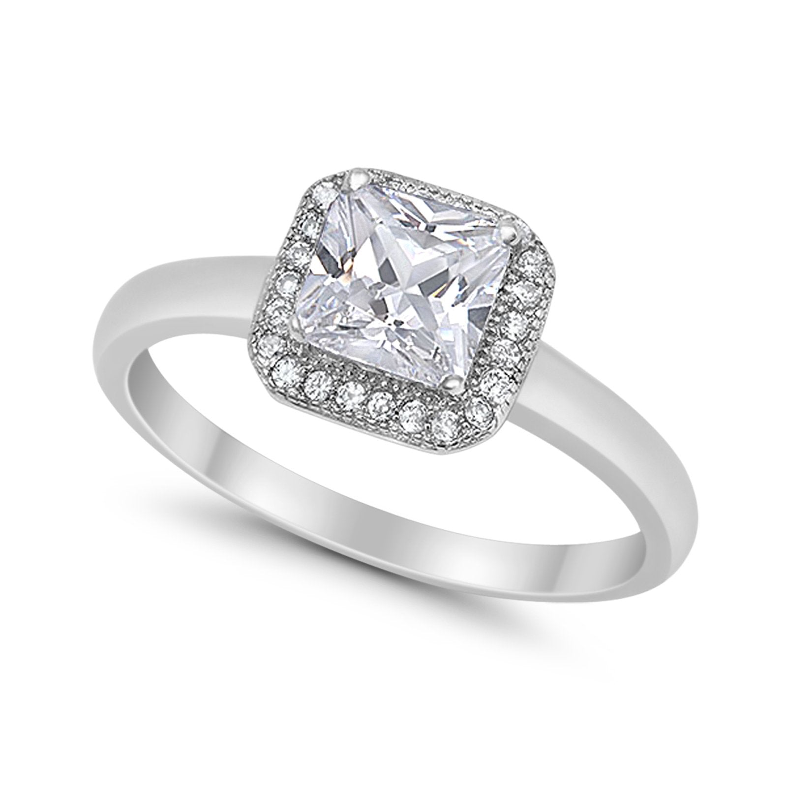 Halo Engagement Ring Simulated Cubic Zirconia 925 Sterling Silver