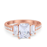 Emerald Cut Engagement Ring Round Simulated Cubic Zirconia 925 Sterling Silver