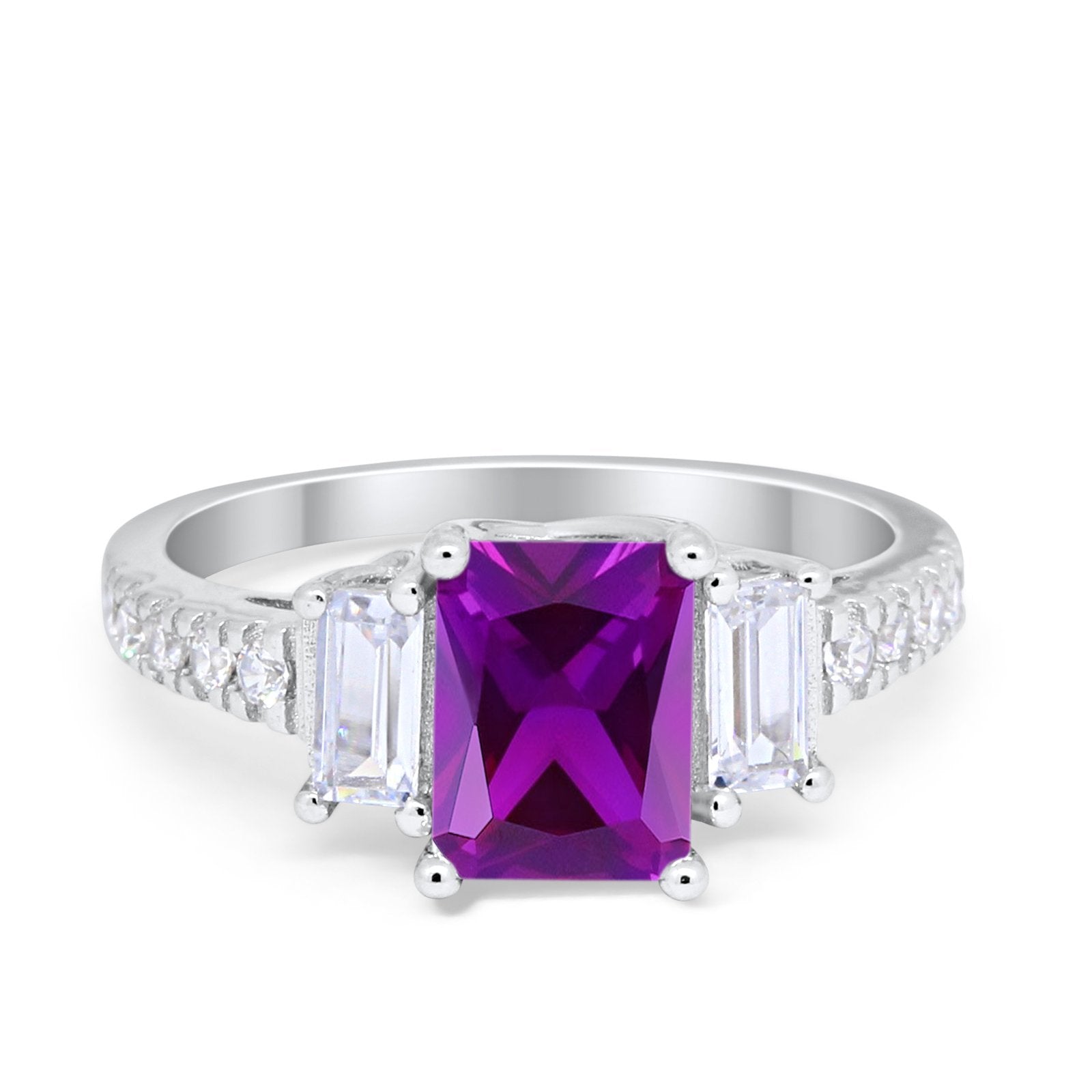 Emerald Cut Engagement Ring Round Simulated Cubic Zirconia 925 Sterling Silver