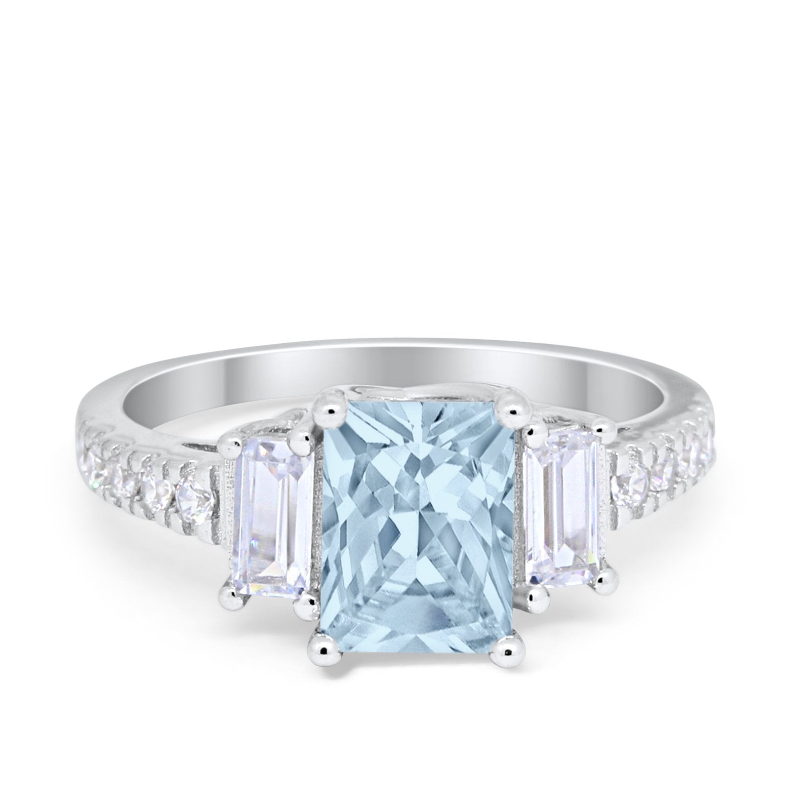 Emerald Cut Engagement Ring Round Simulated Cubic Zirconia 925 Sterling Silver