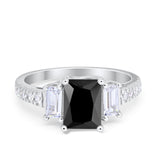 Emerald Cut Engagement Ring Round Simulated Cubic Zirconia 925 Sterling Silver