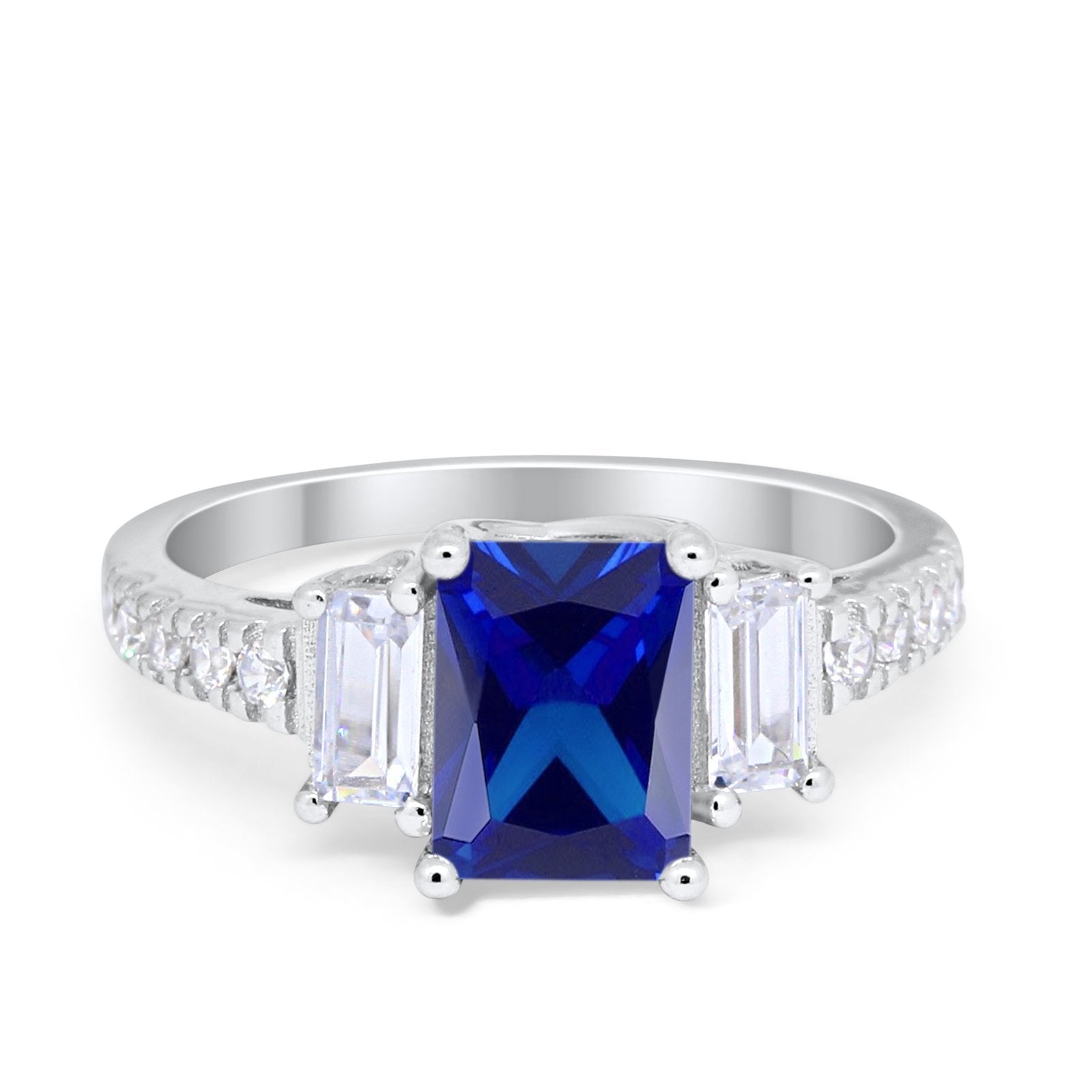 Emerald Cut Engagement Ring Round Simulated Cubic Zirconia 925 Sterling Silver