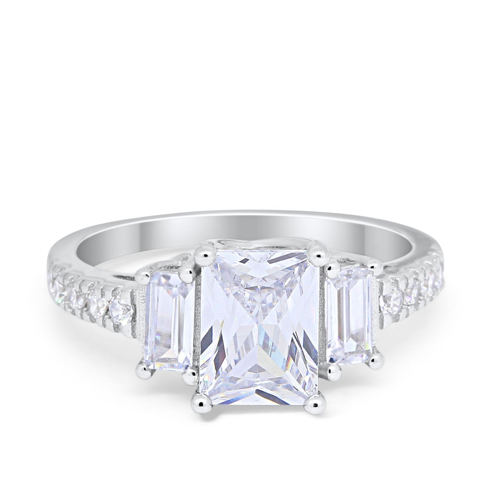 Emerald Cut Engagement Ring Round Simulated Cubic Zirconia 925 Sterling Silver