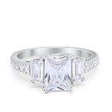 Emerald Cut Engagement Ring Round Simulated Cubic Zirconia 925 Sterling Silver