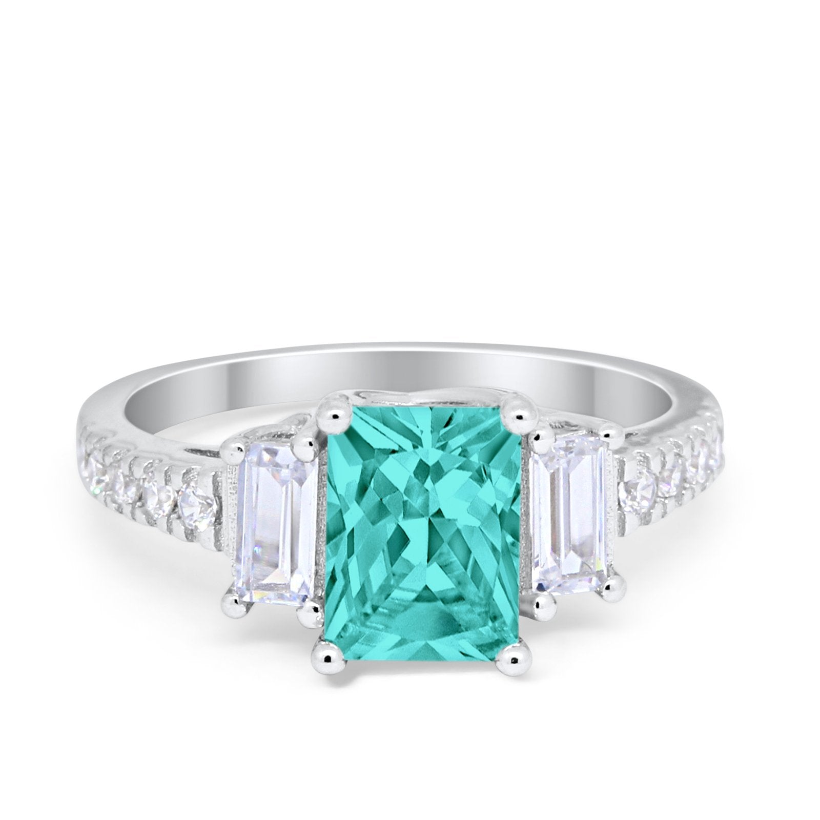 Emerald Cut Engagement Ring Round Simulated Cubic Zirconia 925 Sterling Silver