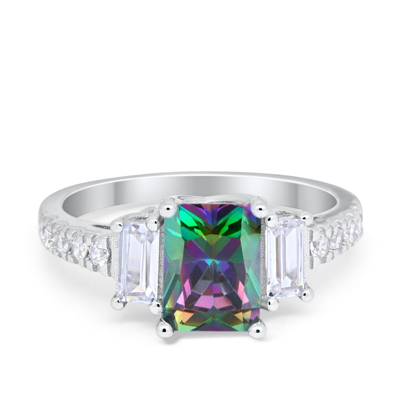Emerald Cut Engagement Ring Round Simulated Cubic Zirconia 925 Sterling Silver