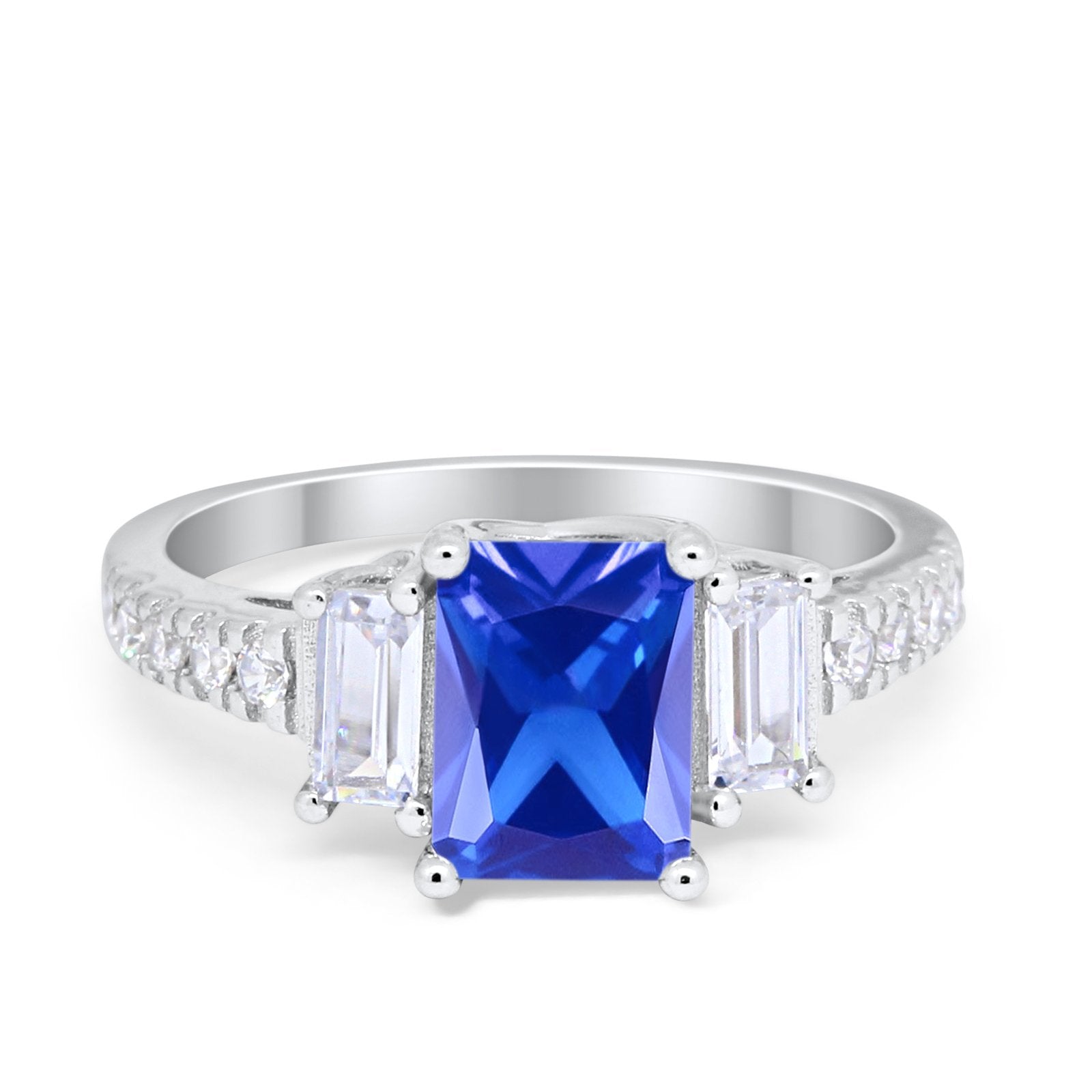 Emerald Cut Engagement Ring Round Simulated Cubic Zirconia 925 Sterling Silver
