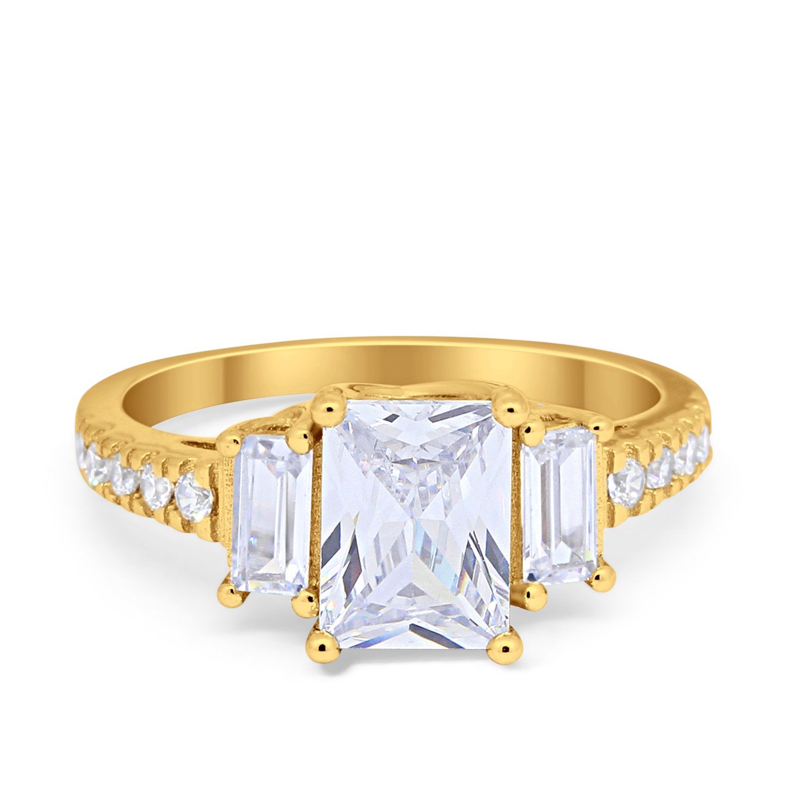 Emerald Cut Engagement Ring Round Simulated Cubic Zirconia 925 Sterling Silver