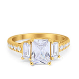 Emerald Cut Engagement Ring Round Simulated Cubic Zirconia 925 Sterling Silver