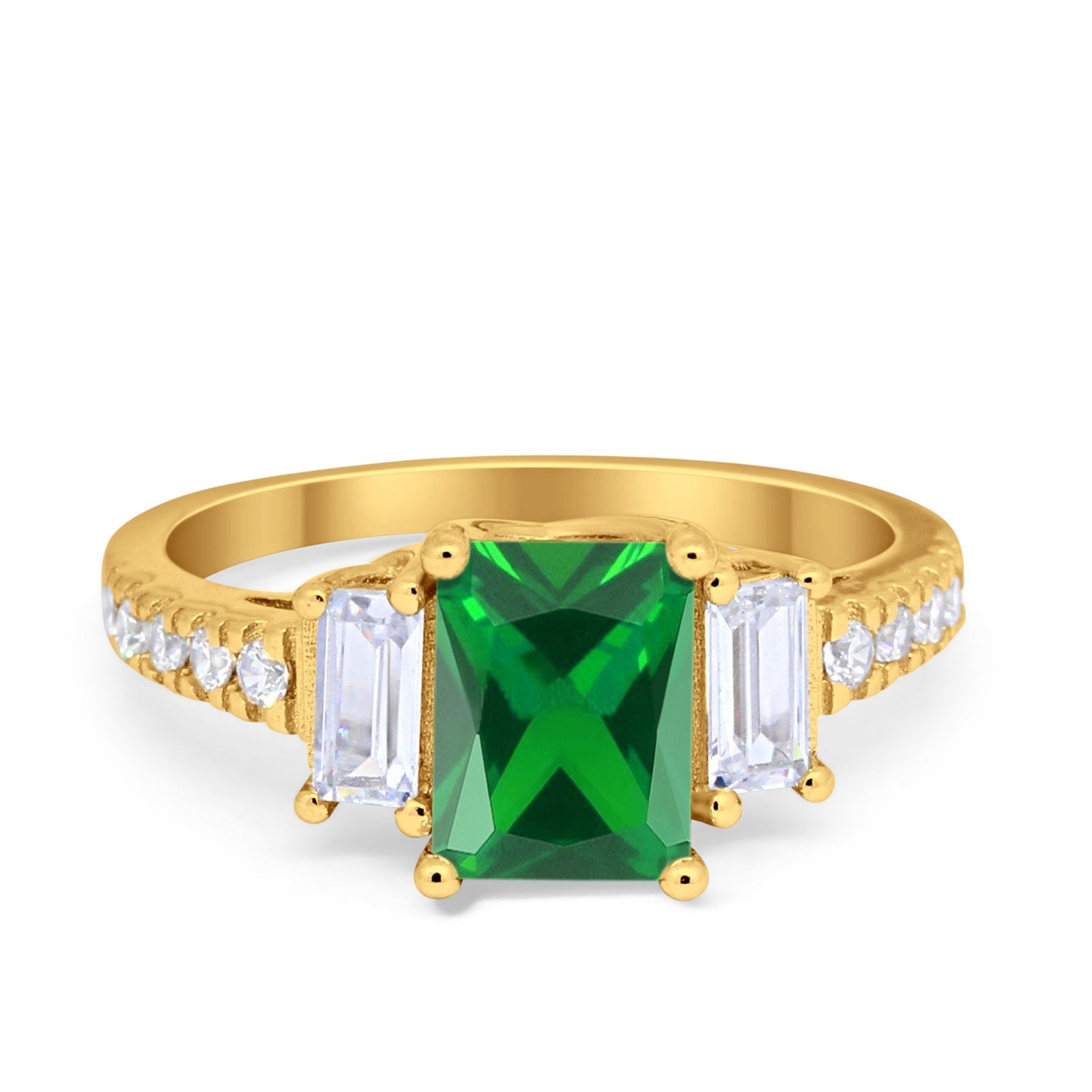 Emerald Cut Engagement Ring Round Simulated Cubic Zirconia 925 Sterling Silver