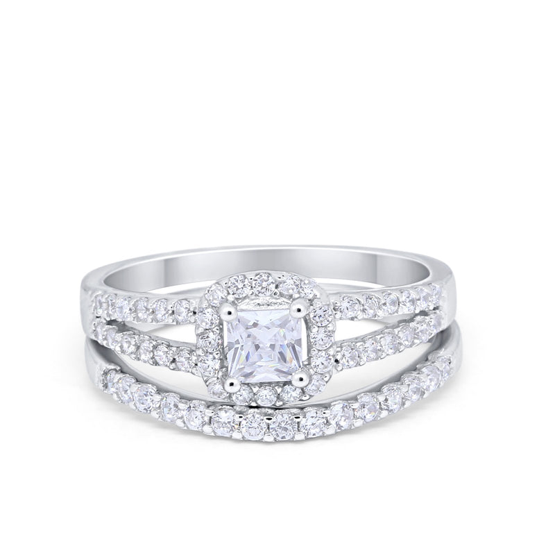 Halo Two Piece Engagement Ring Simulated Cubic Zirconia 925 Sterling Silver