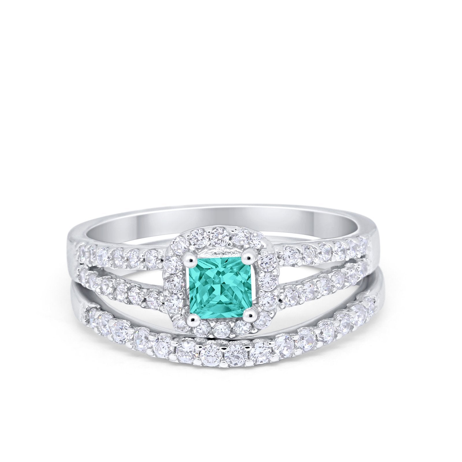 Halo Two Piece Engagement Ring Simulated Cubic Zirconia 925 Sterling Silver