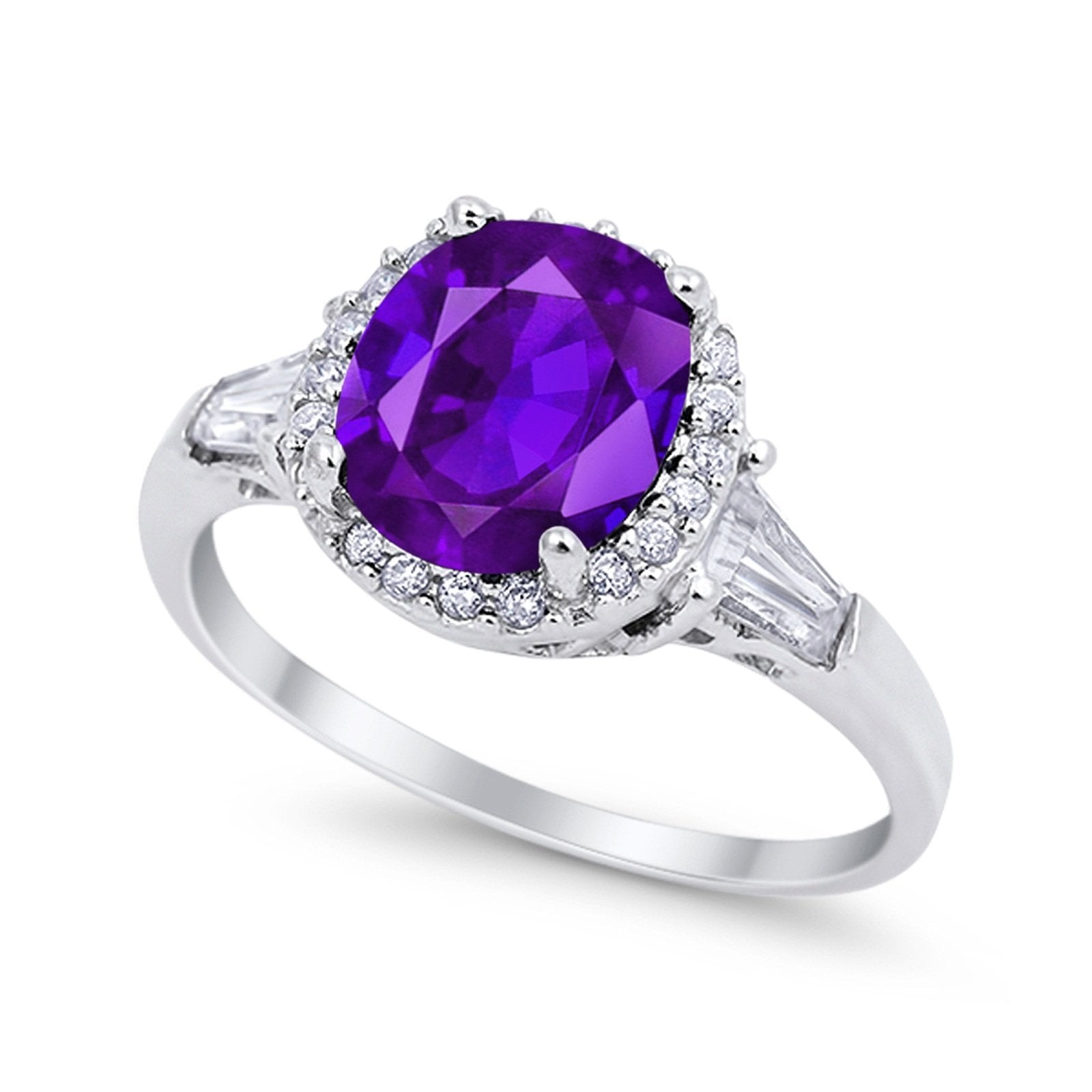 Halo Engagement Ring Baguette Simulated Cubic Zirconia 925 Sterling Silver