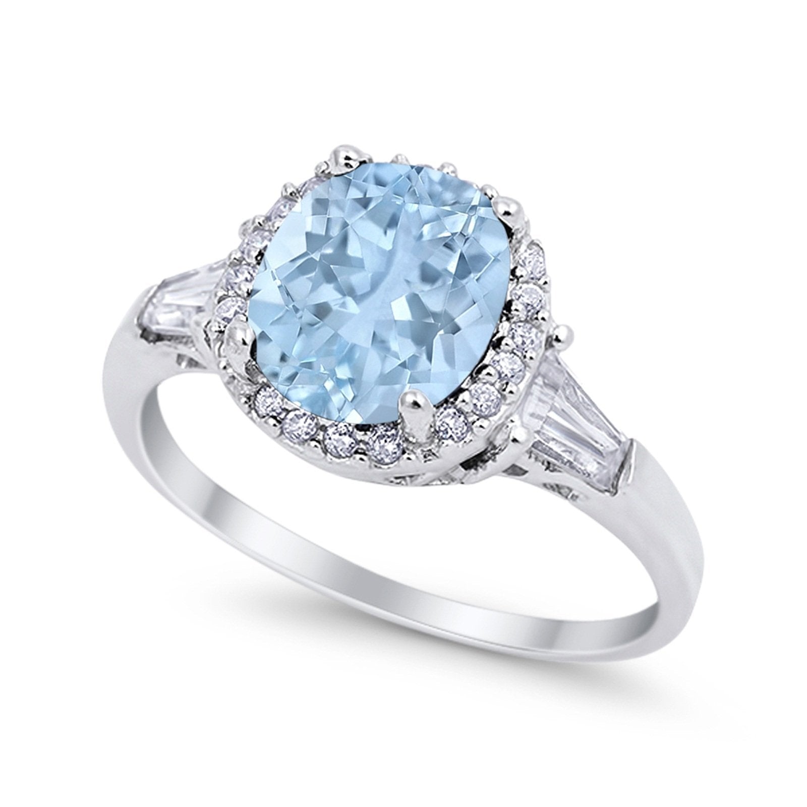 Halo Engagement Ring Baguette Simulated Cubic Zirconia 925 Sterling Silver