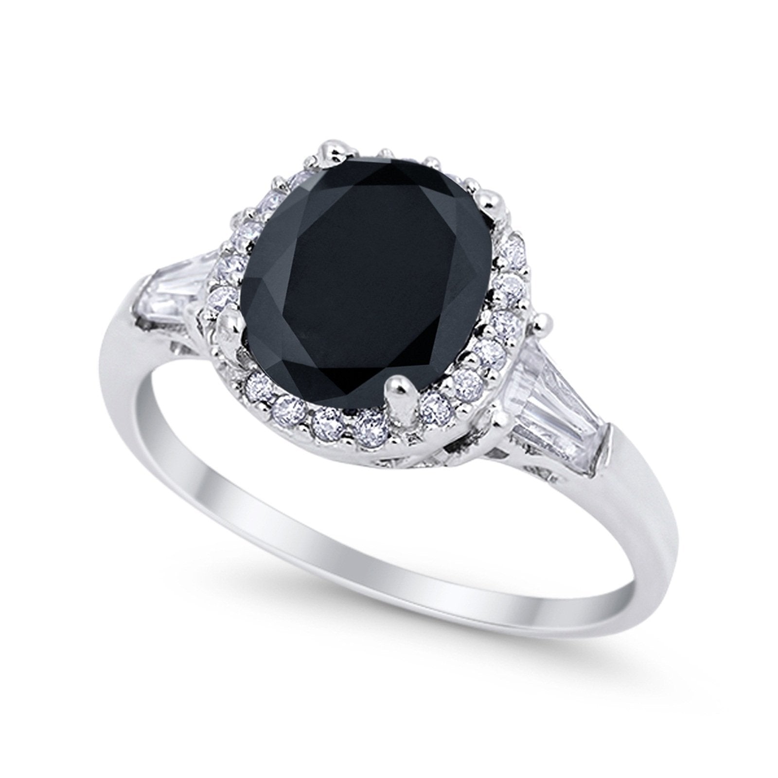 Halo Engagement Ring Baguette Simulated Cubic Zirconia 925 Sterling Silver