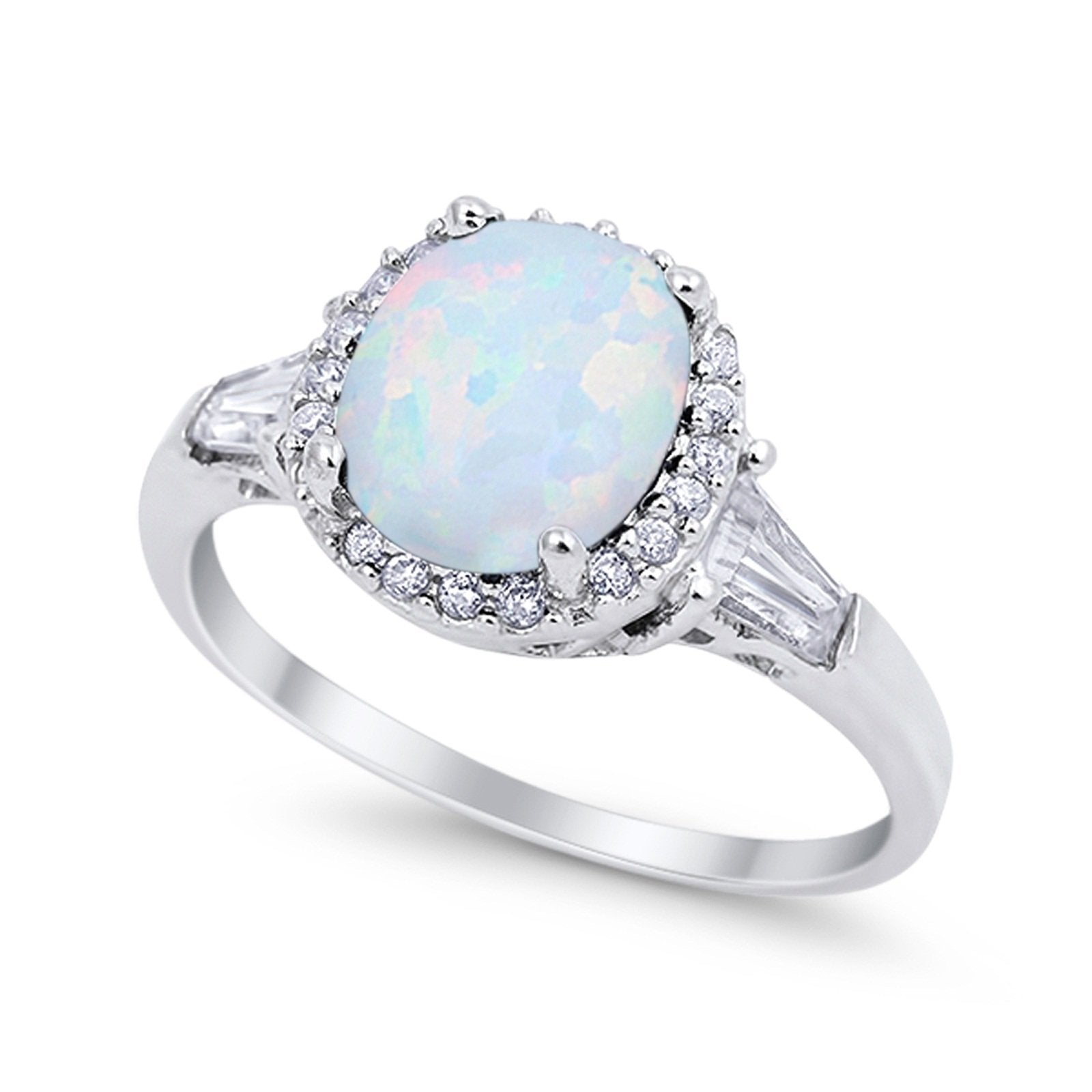 Halo Engagement Ring Baguette Simulated Cubic Zirconia 925 Sterling Silver