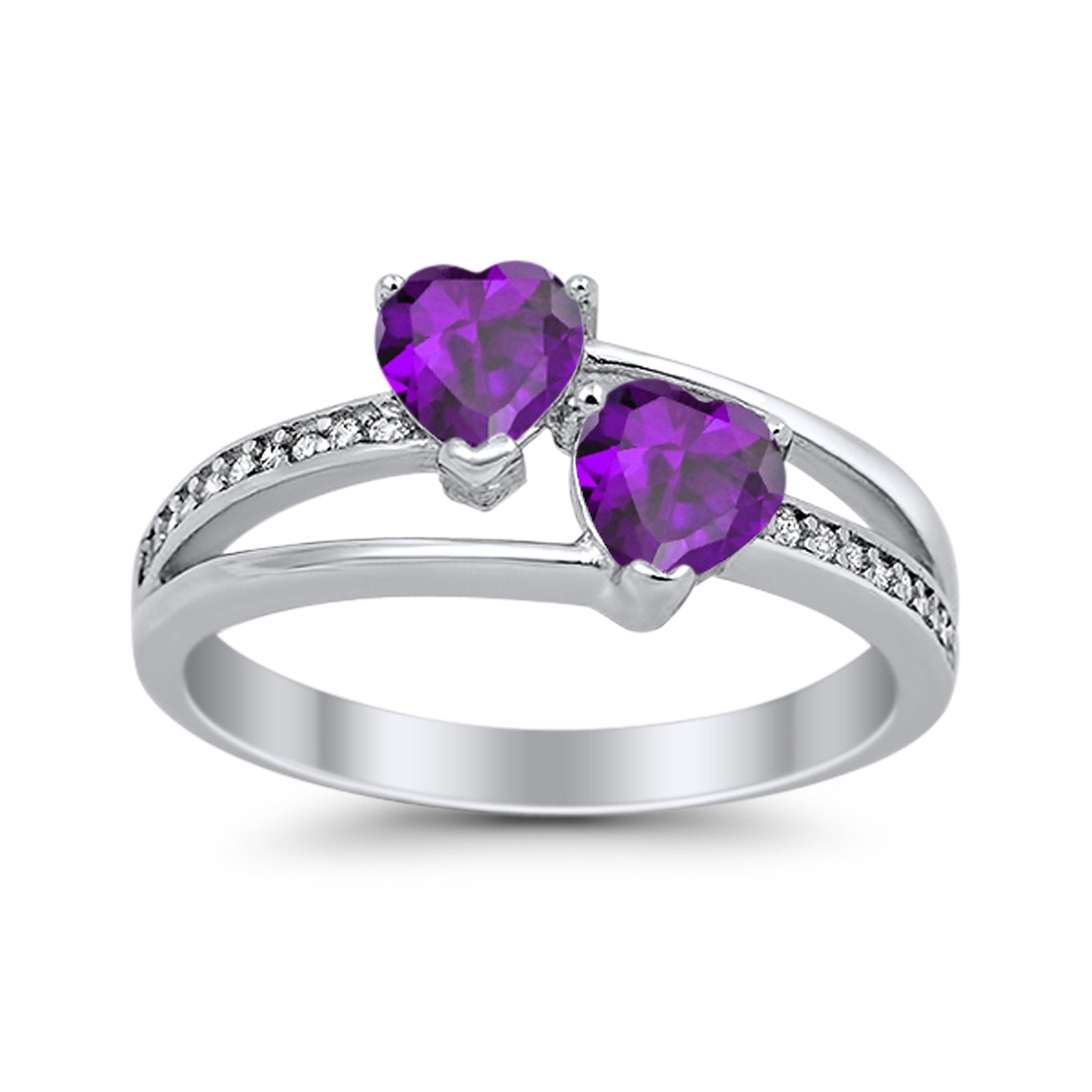 Double Heart Promise Ring Round Simulated Cubic Zirconia 925 Sterling Silver