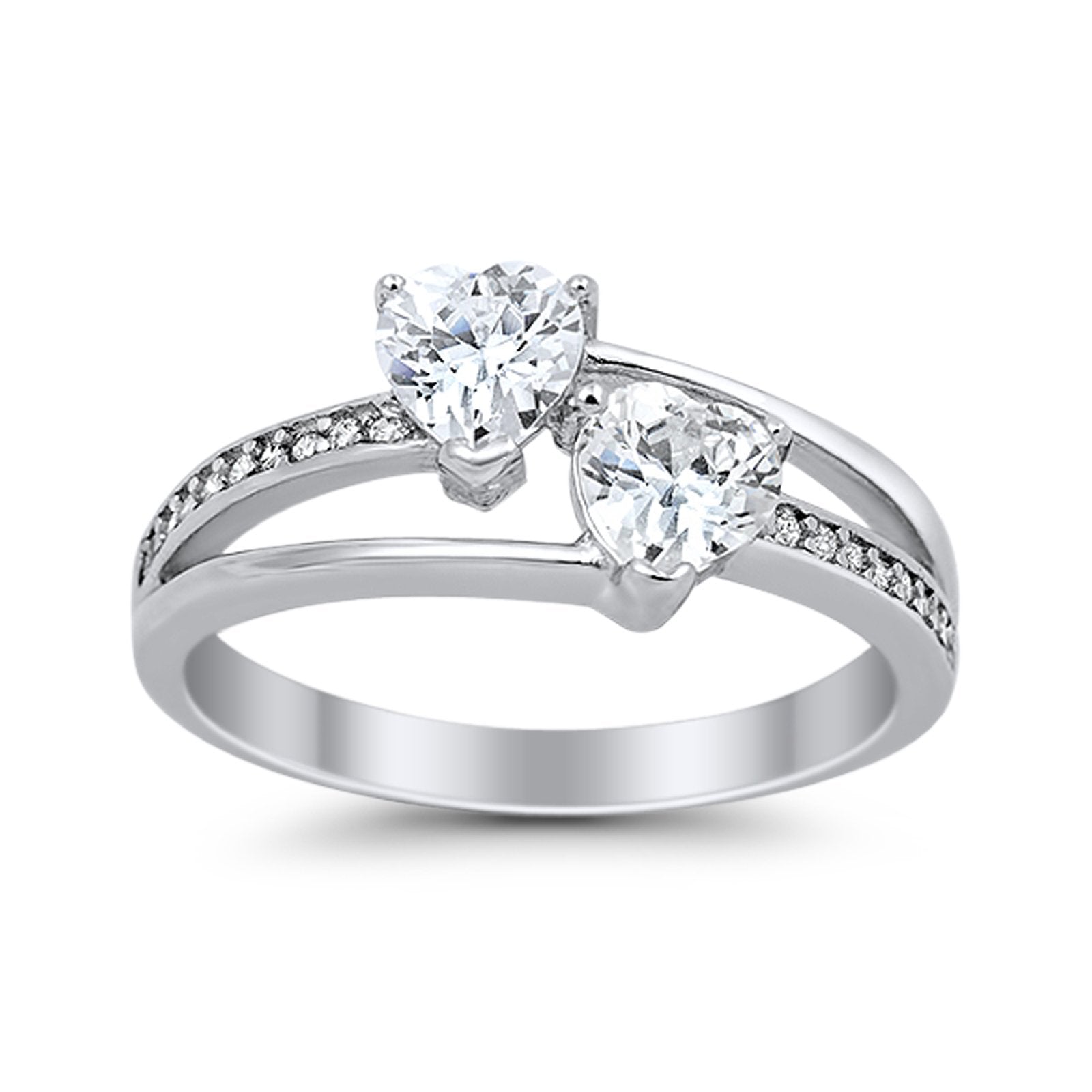 Double Heart Promise Ring Round Simulated Cubic Zirconia 925 Sterling Silver