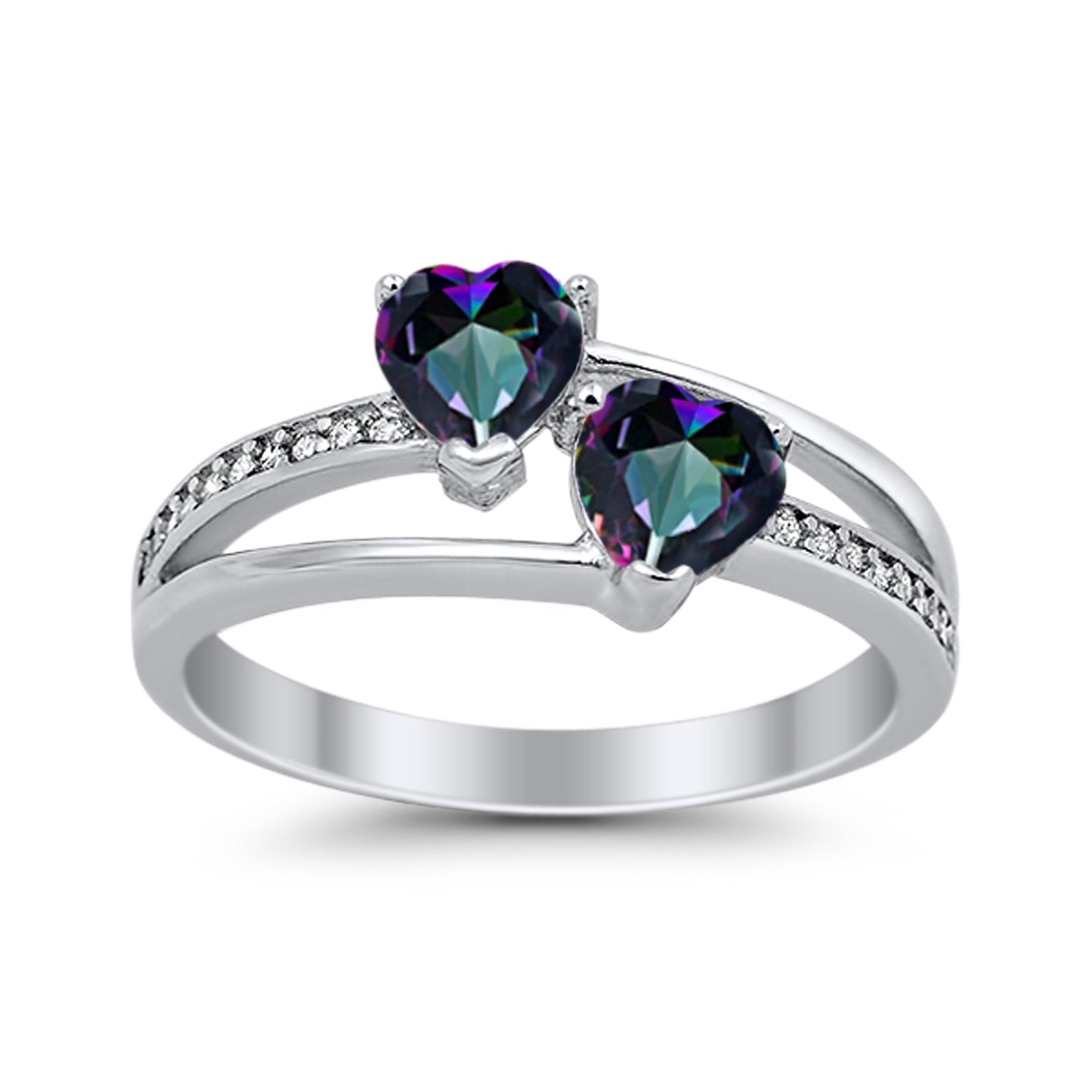 Double Heart Promise Ring Round Simulated Cubic Zirconia 925 Sterling Silver