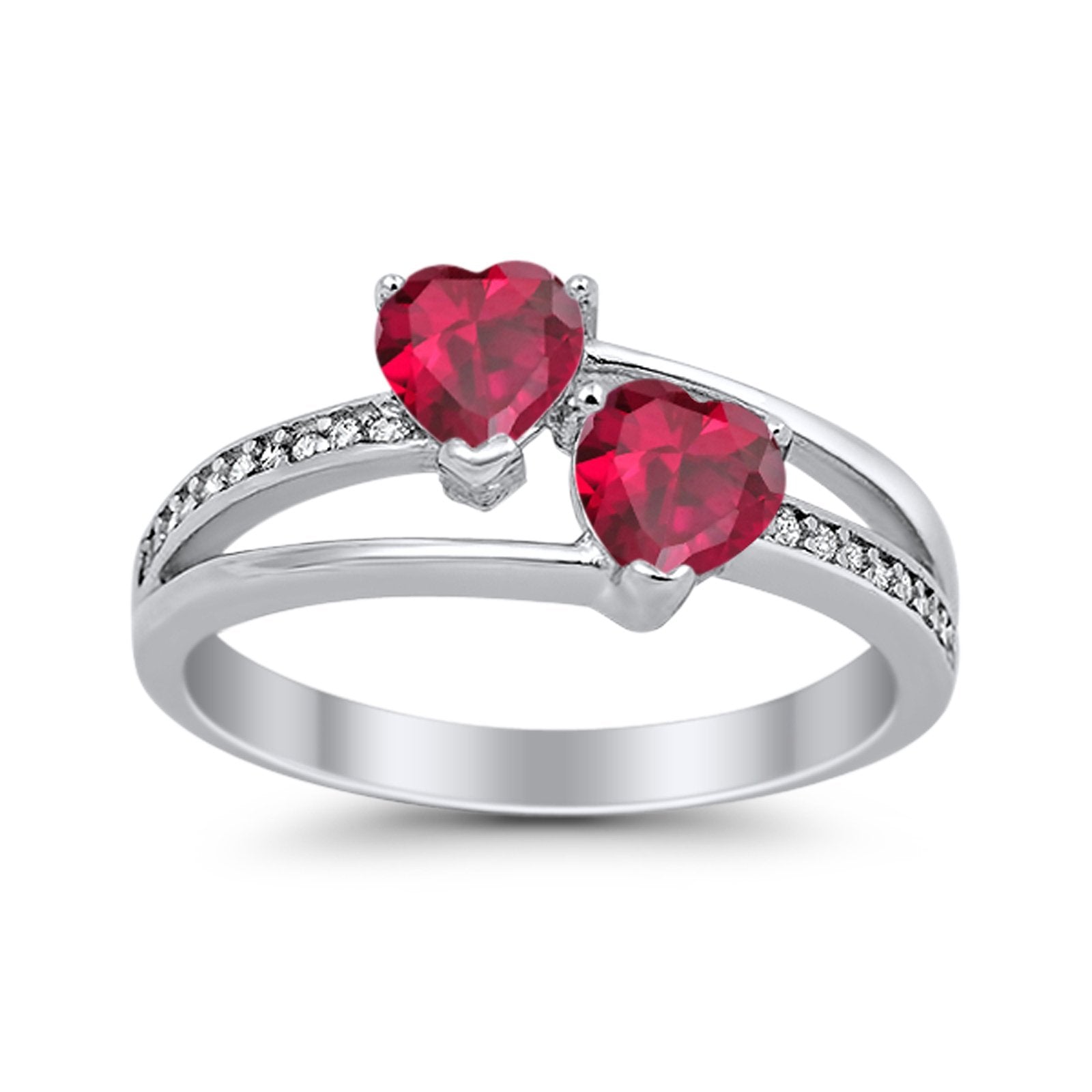 Double Heart Promise Ring Round Simulated Cubic Zirconia 925 Sterling Silver