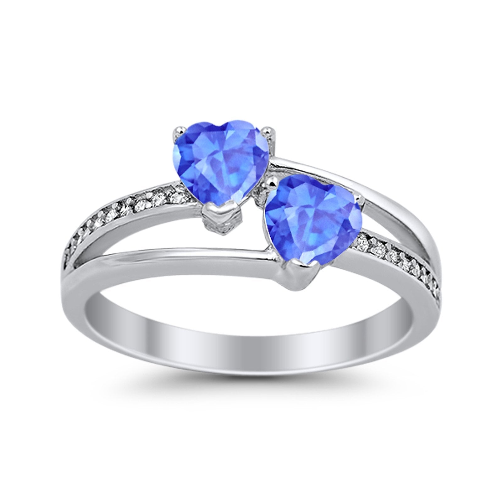 Double Heart Promise Ring Round Simulated Cubic Zirconia 925 Sterling Silver