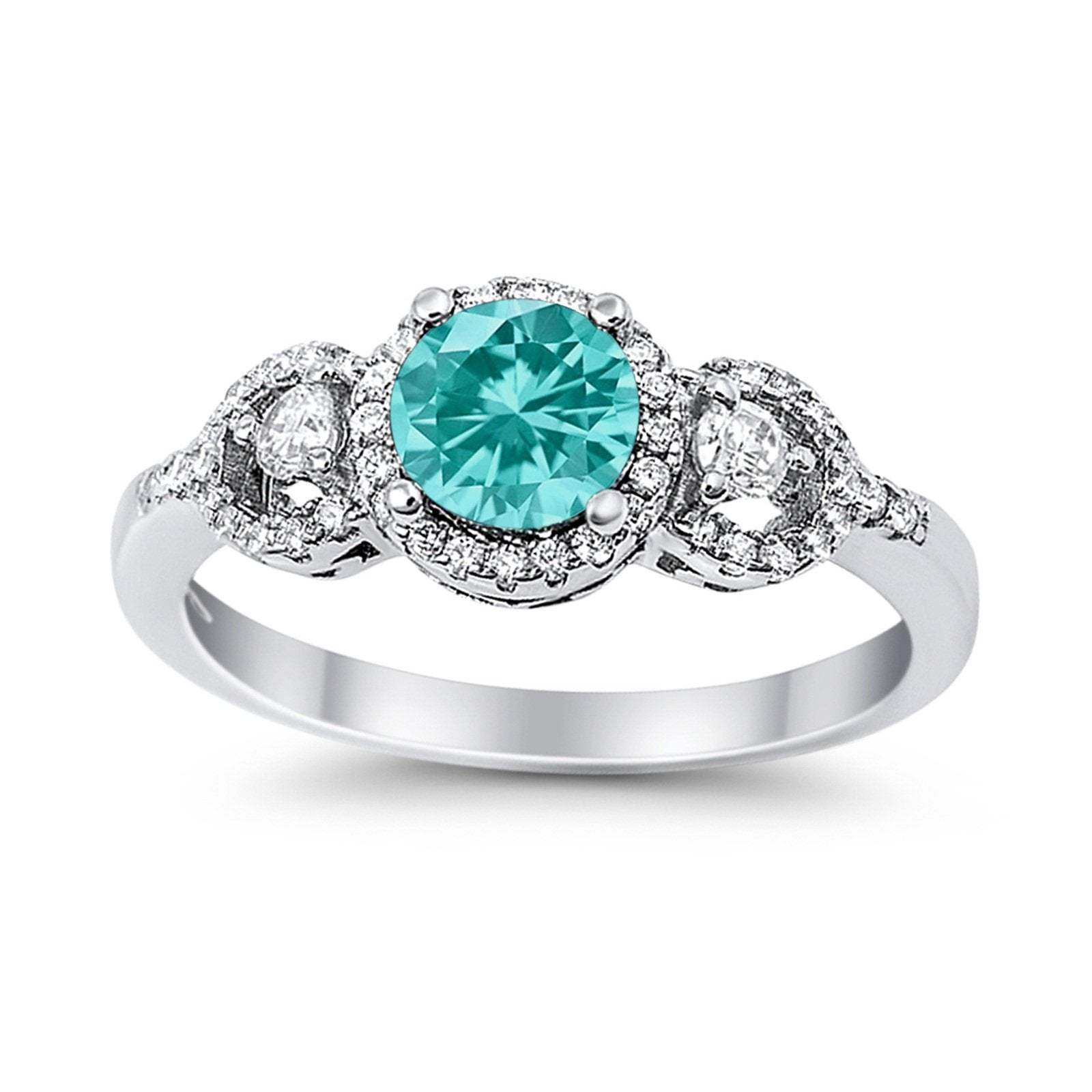 Halo Wedding Ring Round Simulated Cubic Zirconia 925 Sterling Silver