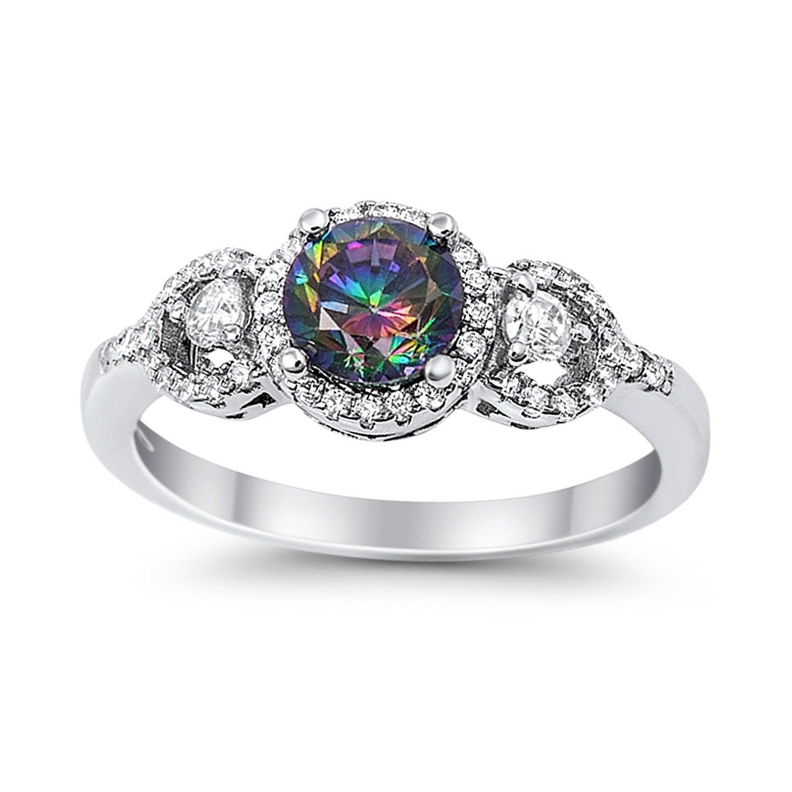 Halo Wedding Ring Round Simulated Cubic Zirconia 925 Sterling Silver