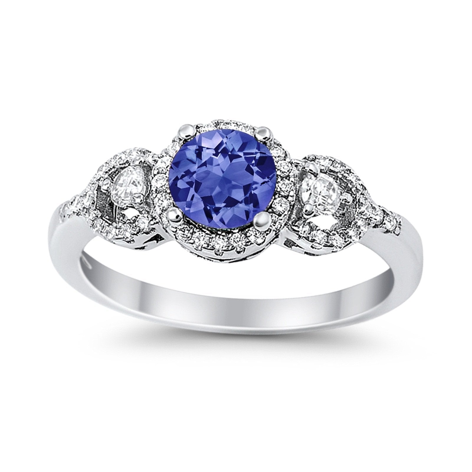Halo Wedding Ring Round Simulated Cubic Zirconia 925 Sterling Silver
