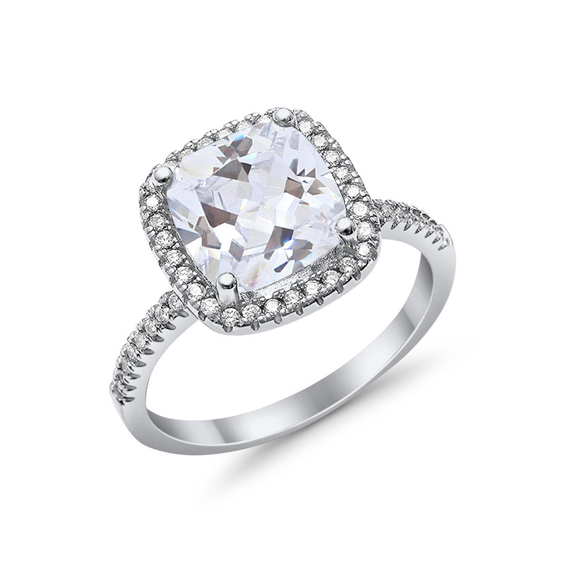 Halo Wedding Ring Cushion Cut Round Simulated Cubic Zirconia 925 Sterling Silver