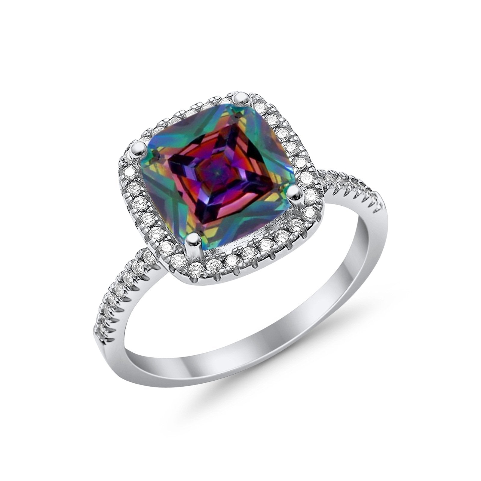 Halo Wedding Ring Cushion Cut Round Simulated Cubic Zirconia 925 Sterling Silver