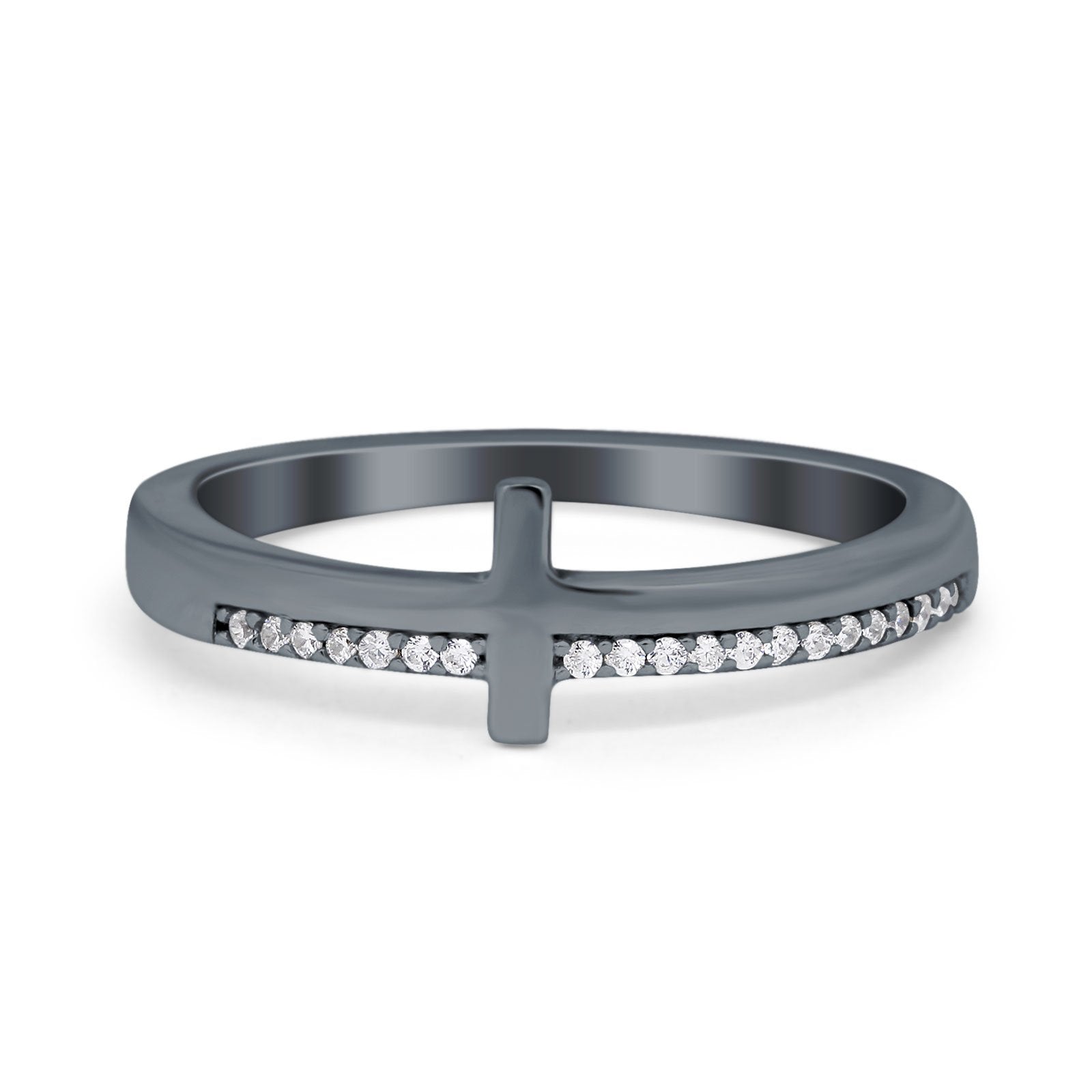 Sideway Cross Ring Round Eternity Simulated Cubic Zirconia 925 Sterling Silver