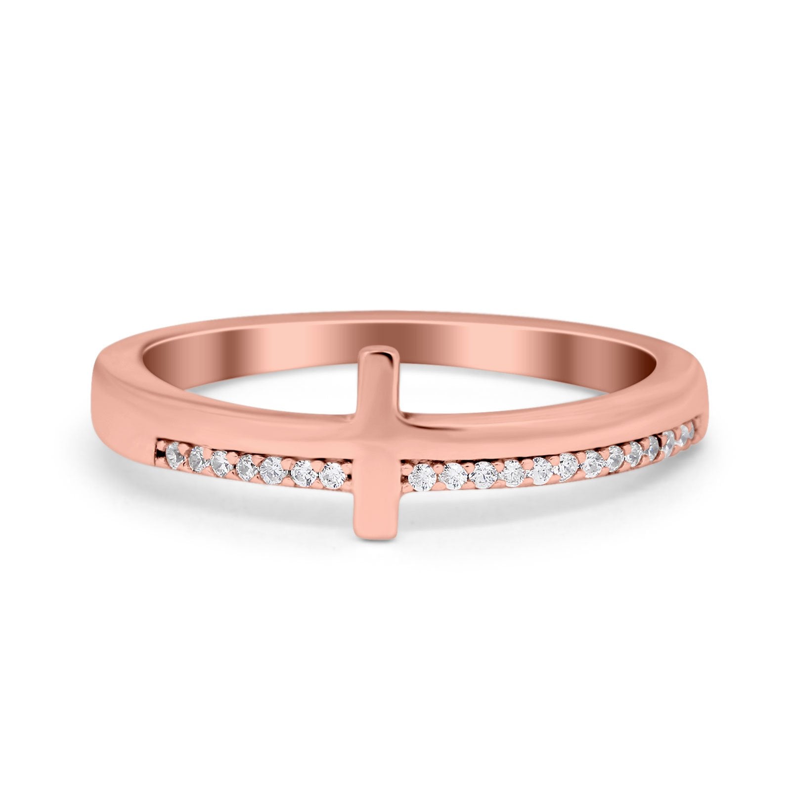 Sideway Cross Ring Round Eternity Simulated Cubic Zirconia 925 Sterling Silver