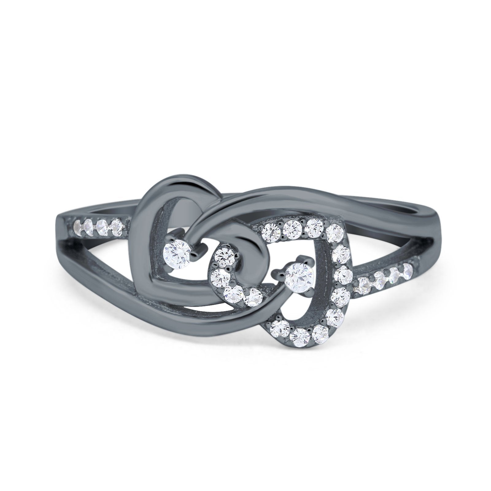 Double Heart Promise Ring Split Shank Round Simulated Cubic Zirconia 925 Sterling Silver