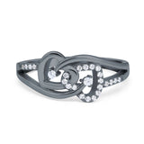 Double Heart Promise Ring Split Shank Round Simulated Cubic Zirconia 925 Sterling Silver