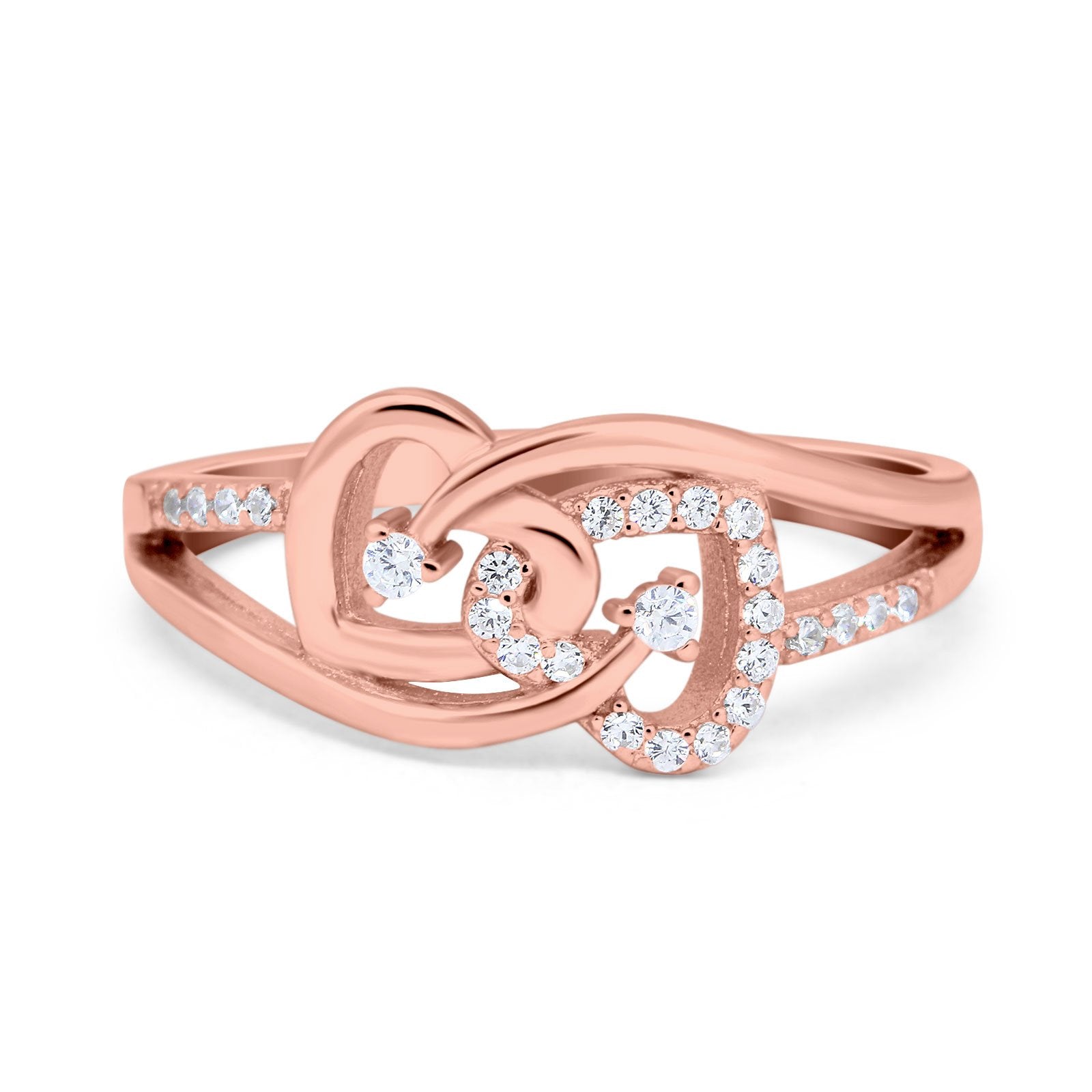 Double Heart Promise Ring Split Shank Round Simulated Cubic Zirconia 925 Sterling Silver