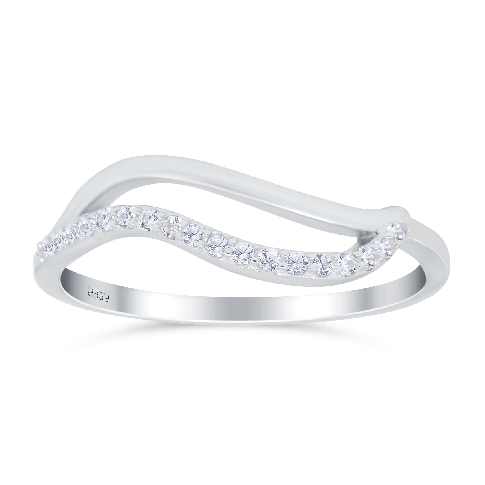 Wave Ring Half Eternity Round Simulated Cubic Zirconia 925 Sterling Silver (7mm)