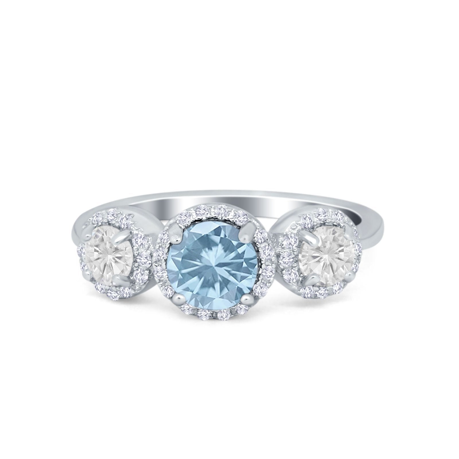 Halo Three Stone Wedding Ring Round Simulated Cubic Zirconia 925 Sterling Silver