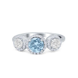 Halo Three Stone Wedding Ring Round Simulated Cubic Zirconia 925 Sterling Silver