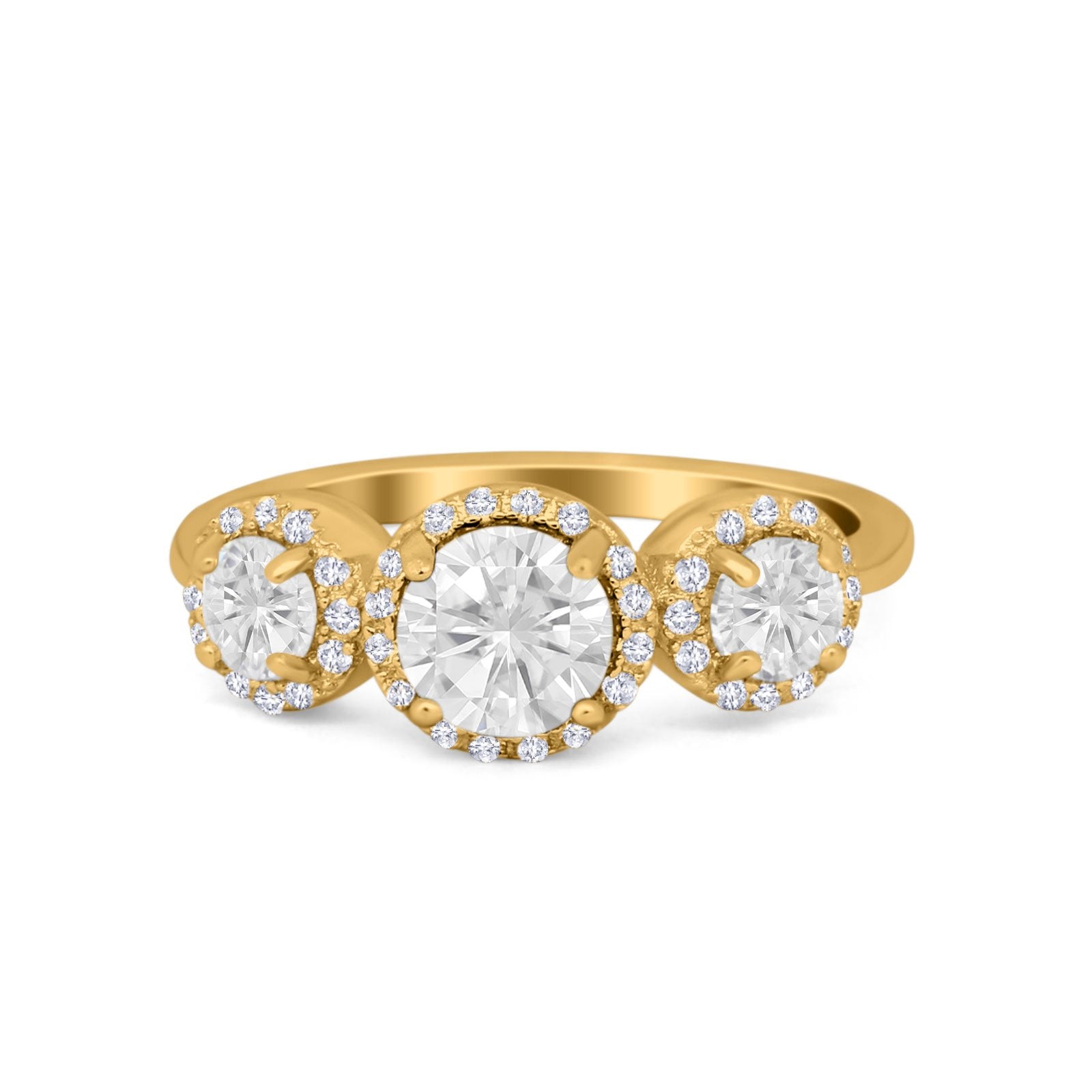 Halo Three Stone Wedding Ring Round Simulated Cubic Zirconia 925 Sterling Silver