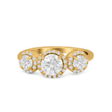 Halo Three Stone Wedding Ring Round Simulated Cubic Zirconia 925 Sterling Silver