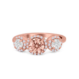 Halo Three Stone Wedding Ring Round Simulated Cubic Zirconia 925 Sterling Silver