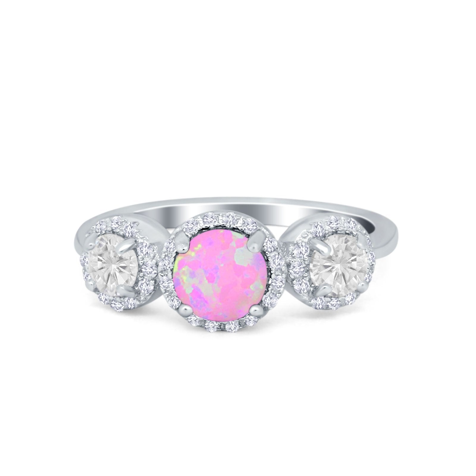 Halo Three Stone Wedding Ring Round Simulated Cubic Zirconia 925 Sterling Silver